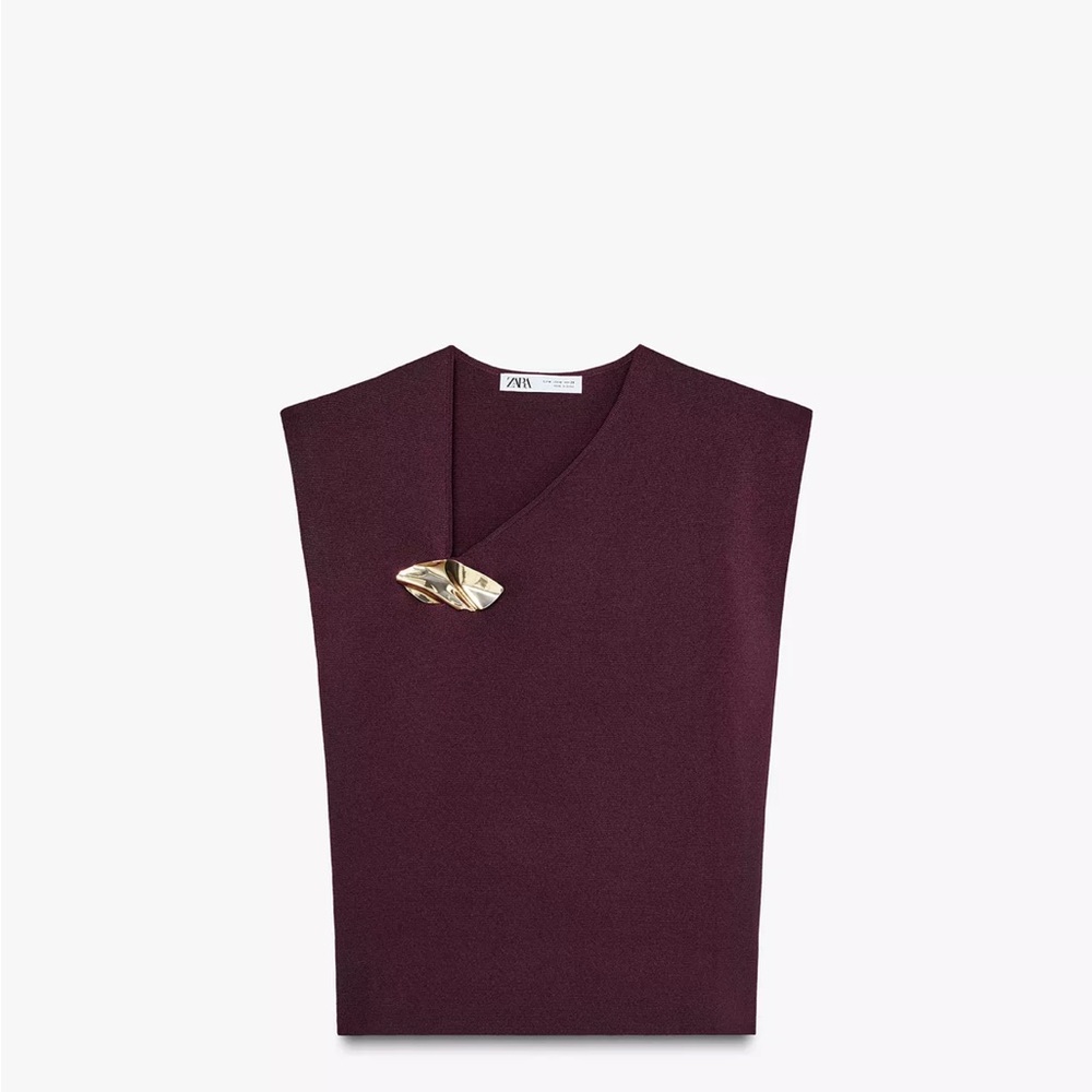 Zara Plum Sleeveless Knit Top with Gold-Tone Pin
